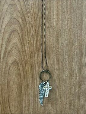 Silver Wing and Cross Pendant Necklace - Silver 18 inch length + charms